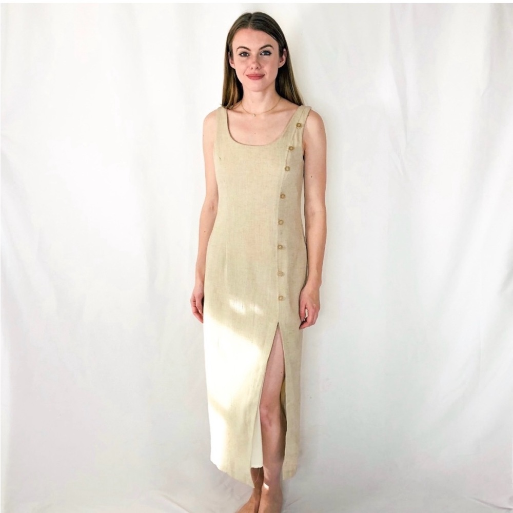 Linen Vintage Button Spring European-Style Midi Dress